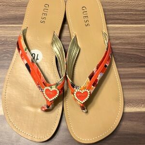 Guess coral thong sandals with rhinestone heart